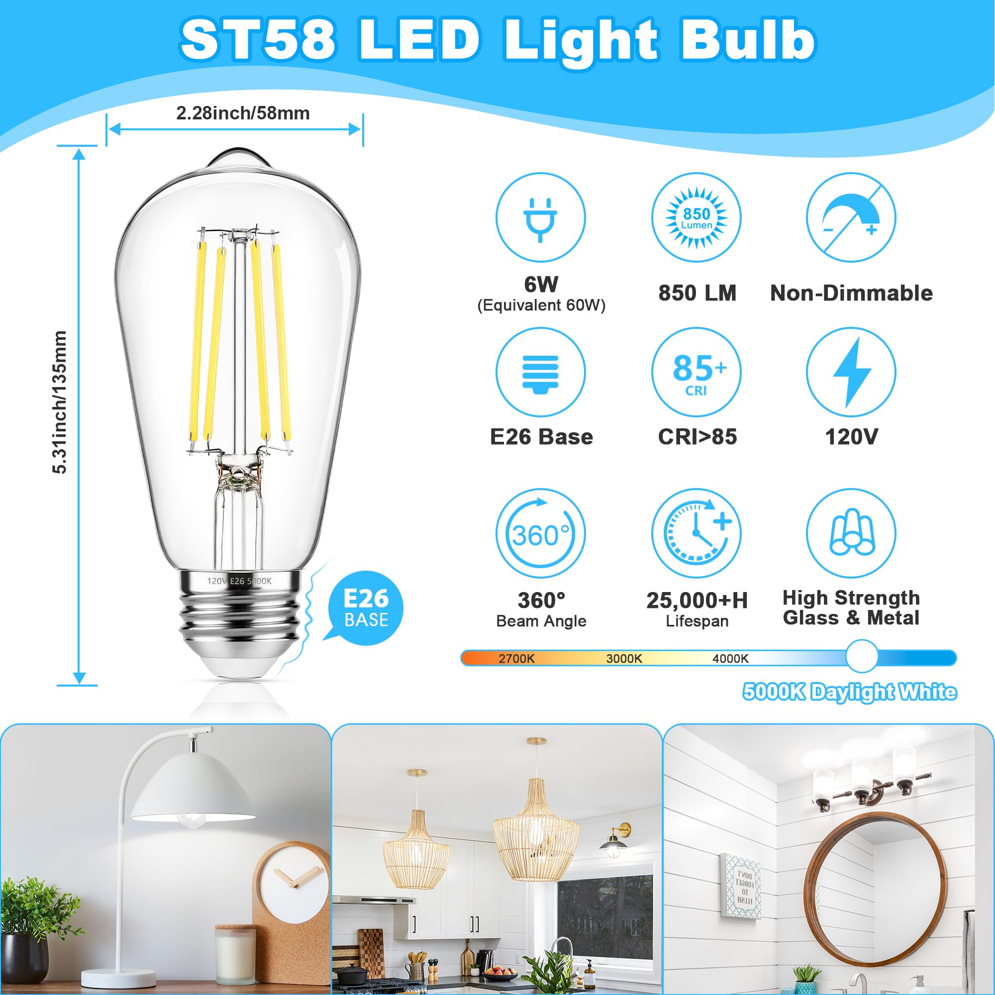 ASOMST 4-Pack Vintage LED Edison Bulbs 60W Equivalent, 850LM 6W Edison Light Bulb Daylight White 5000K, ST58 LED Filament Bulb E26 Base, Non-Dimmable