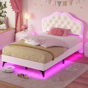 adorneve twin bed frame with rgb led lights, princess bed frame with adjustable crystal button headboard, velet upholstered platform bed for girls, solid wooden slats, easy assembly, creamy white