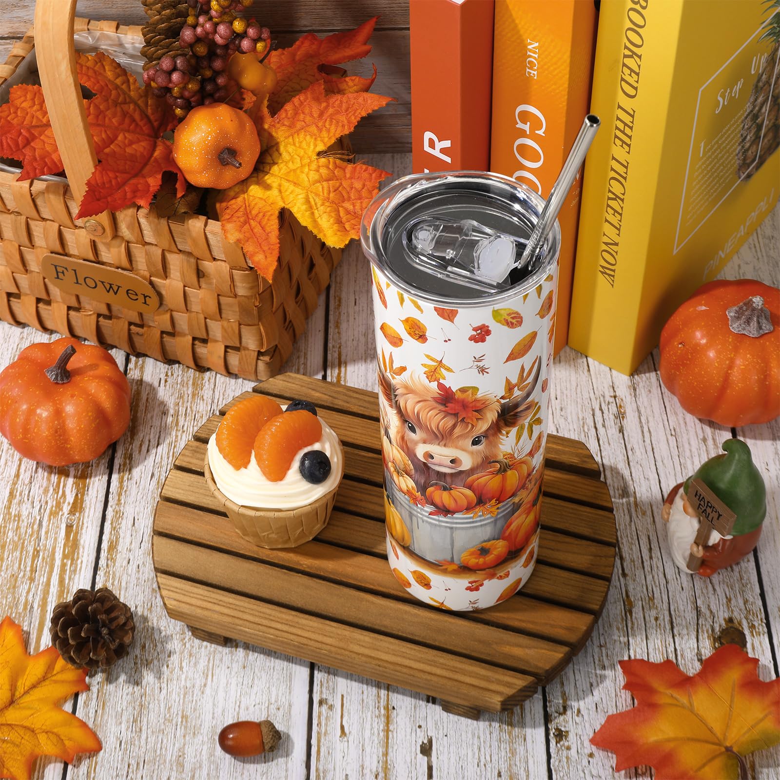 Whaline Highland Cow Tumbler with Lid and Straw Fall Pumpkin Leaves Cow Stainless Steel Cup Autumn Tumbler Cup for Fall Thanksgiving Decor Gift Supplies