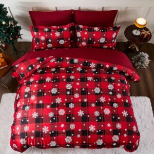 Christmas Comforter Set Queen Size 7 Piece Red plaid Snowflake Bedding Set Bed in a Bag Revesible Lightweight Microfiber Winter Down Alternative Bed Set with Pillowcases & Shams,Sheets for Girls Boys