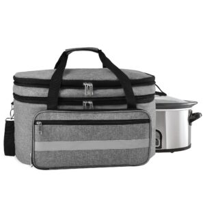 kahami 2 layer slow cooker carrying bag, compatible with 6-8 quarts oval crock-pot, insulated slow cooker travel carrier with lid fasten straps, slow cooker bags for family gathering travel, gray