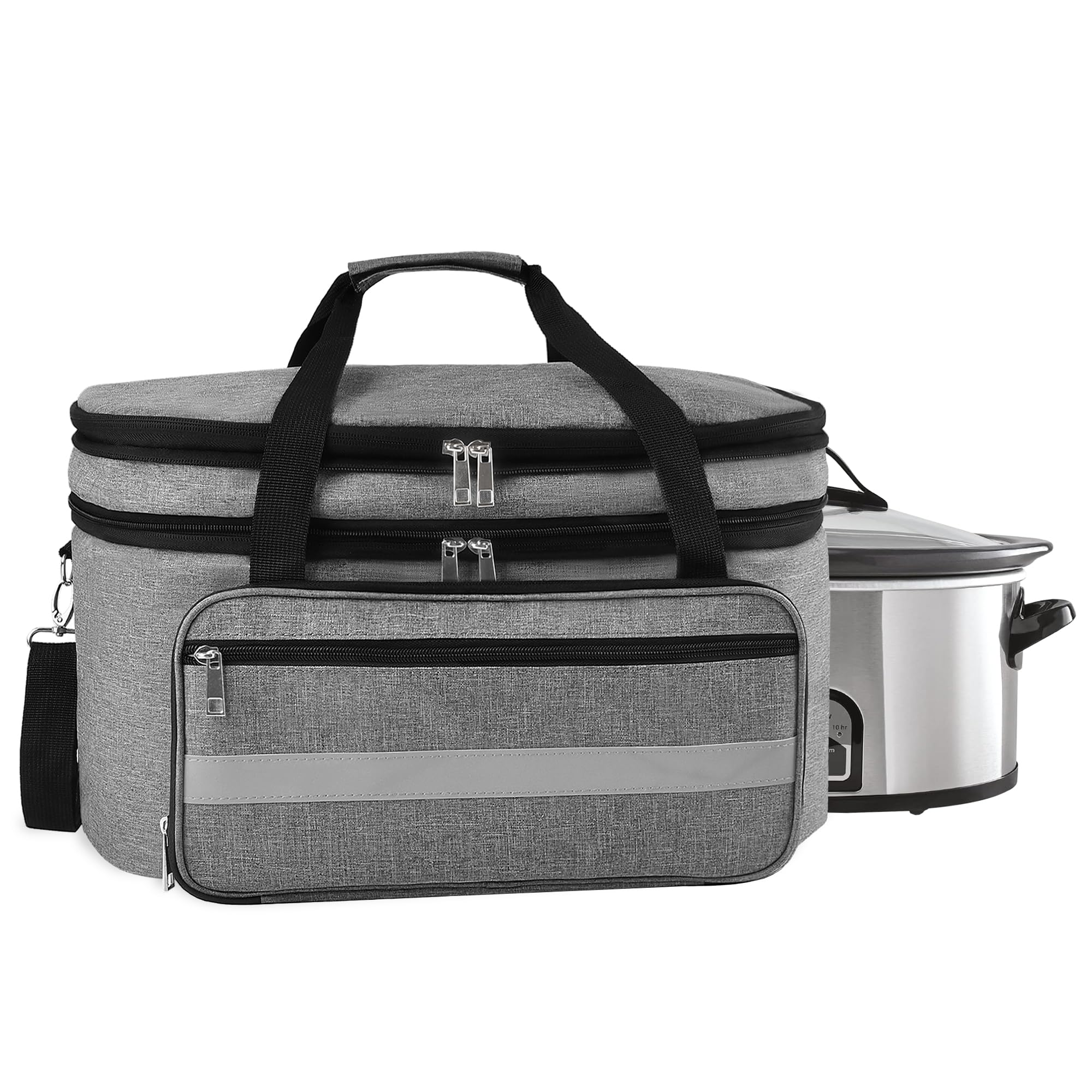 Kahami 2 Layer Slow Cooker Carrying Bag, Compatible with 6-8 Quarts Oval Crock-pot, Insulated Slow Cooker Travel Carrier with Lid Fasten Straps, Slow Cooker Bags for Family Gathering Travel, Gray