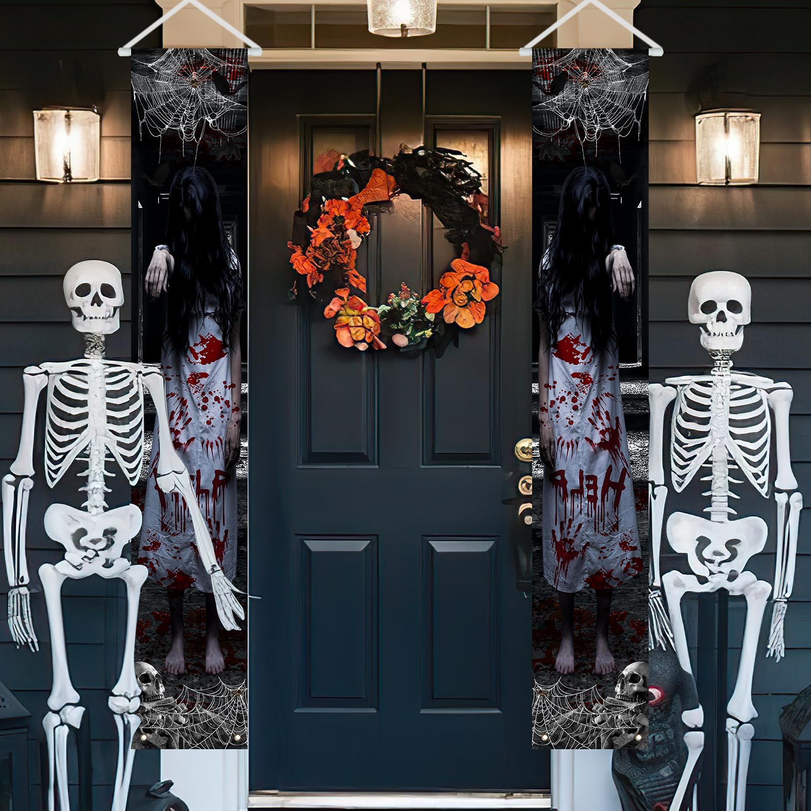 Avezano Halloween Door Decorations Scary Ghost Halloween Porch Signs for Outside Decor Haunted House Hanging Banner Halloween Party Supplies