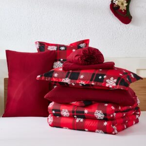 Christmas Comforter Set Queen Size 7 Piece Red plaid Snowflake Bedding Set Bed in a Bag Revesible Lightweight Microfiber Winter Down Alternative Bed Set with Pillowcases & Shams,Sheets for Girls Boys