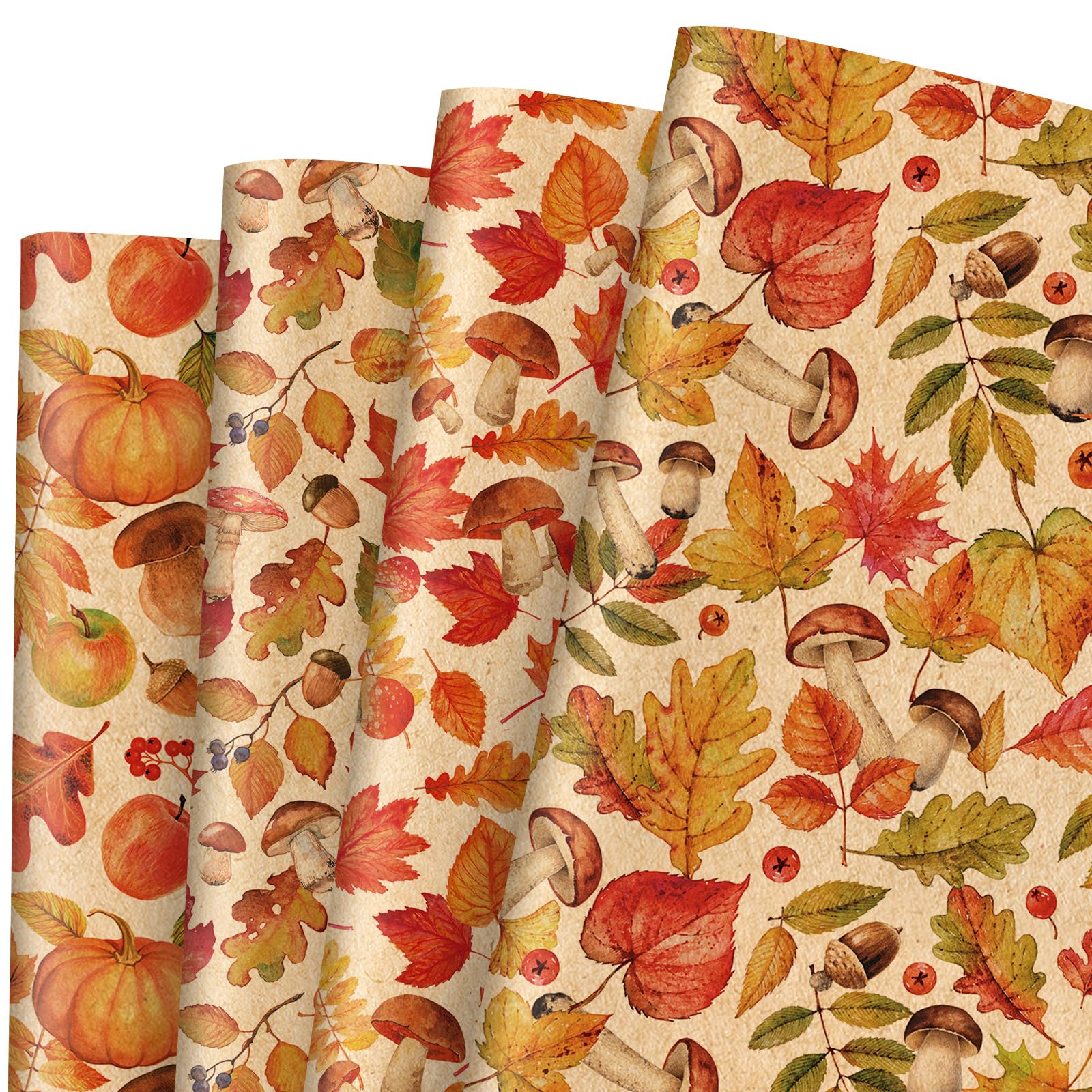 JarThenaAMCS 12 Sheets Fall Kraft Wrapping Paper - Not Roll - Maple Leaves Pumpkin Mushroom Gift Wrap Paper Folded Flat for DIY Craft Autumn Thanksgiving Harvest Party, 19.7 x 27.6 Inch