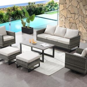 HUMMUH 6 Piece Patio Furniture Set PE Wicker Outdoor Couch,Patio Swivel Rocker Chairs and Tables for Porch,Garden,Backyard