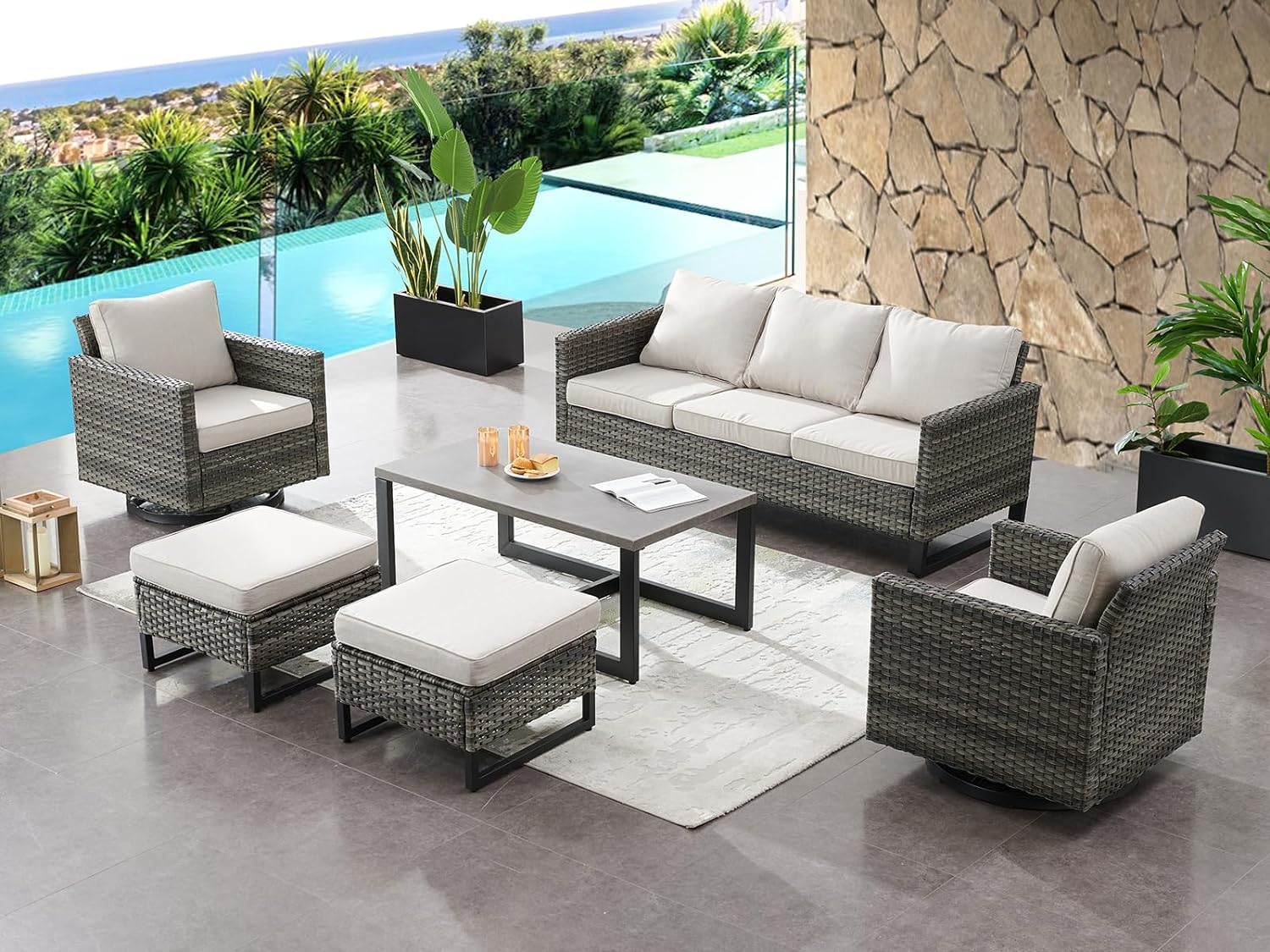 HUMMUH 6 Piece Patio Furniture Set PE Wicker Outdoor Couch,Patio Swivel Rocker Chairs and Tables for Porch,Garden,Backyard