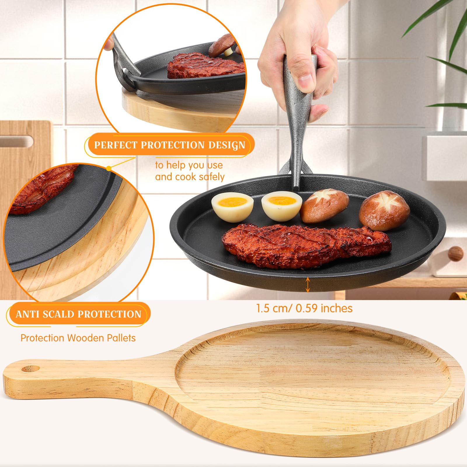 Mimorou 2 Sets Cast Iron Fajita Plate Set 9.45'' Fajita Plate Sizzler Pan with Wooden Tray Anti Scald Protection Handle Cast Iron Skillet Set for Restaurant Home BBQ Party Restaurant