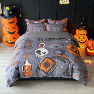 Halloween Duvet Cover Set Twin Size 3 Pieces with 2 Pillow Shams - Gray Halloween Pumpkin Festival Themed Bedding Set with Broom Tombstone Skeleton for Kids Boys Girls Teens Bedroom Decor