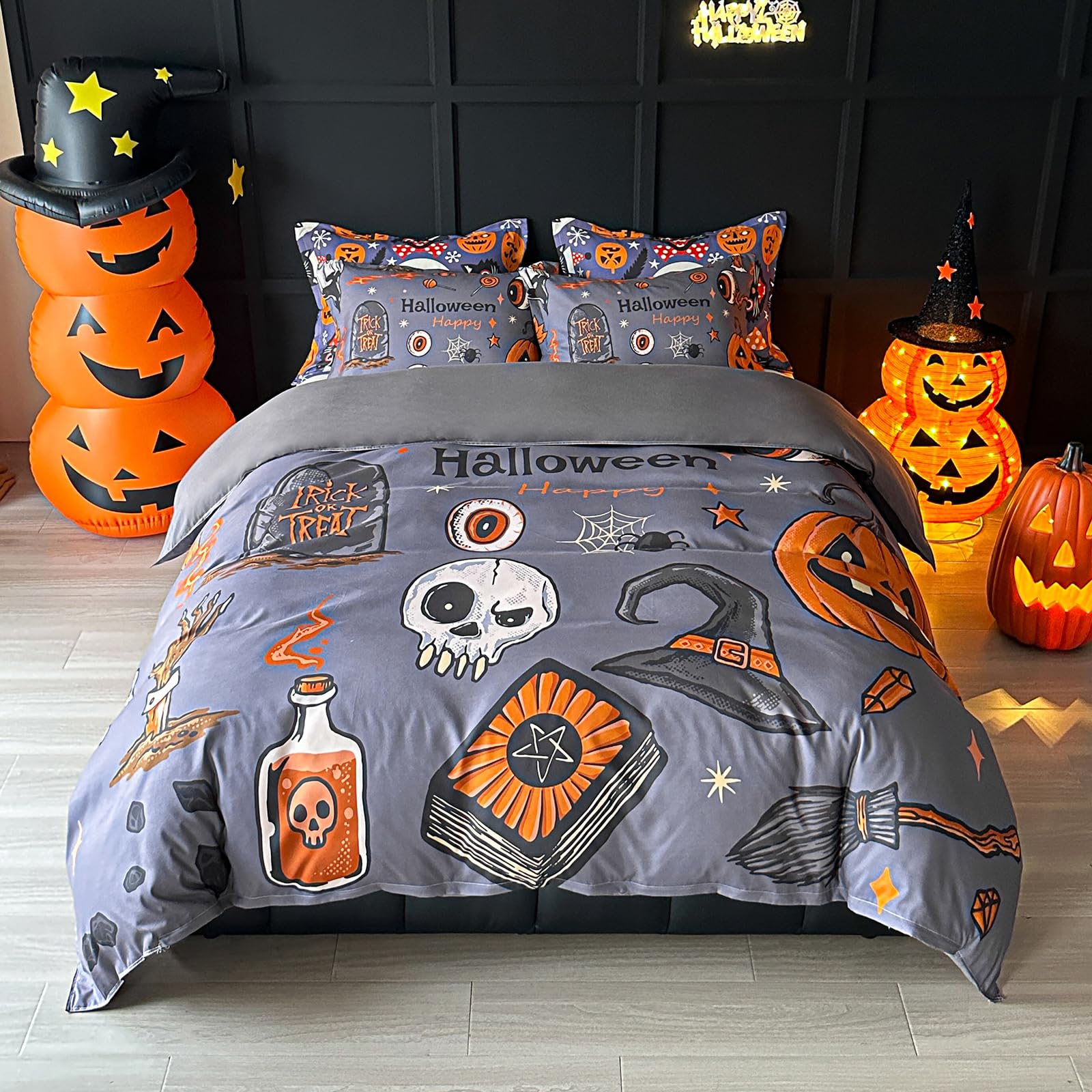 Halloween Duvet Cover Set Twin Size 3 Pieces with 2 Pillow Shams - Gray Halloween Pumpkin Festival Themed Bedding Set with Broom Tombstone Skeleton for Kids Boys Girls Teens Bedroom Decor