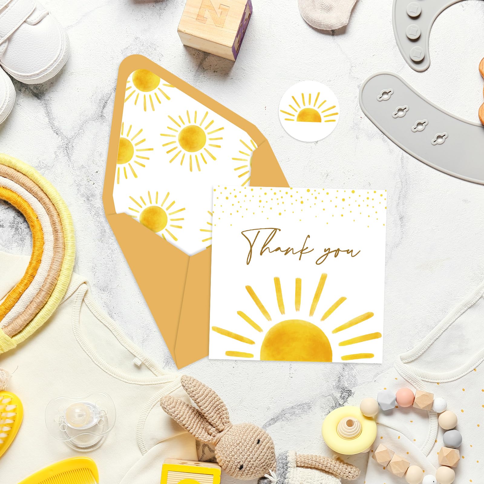 Whaline 30 Pack Mini Baby Shower Thank You Cards with Envelopes Stickers Boho Sun Greeting Cards Sunshine Blank Note Cards for Baby Shower Birthday Wedding Party Supplies, 3.5 x 3.5 Inch