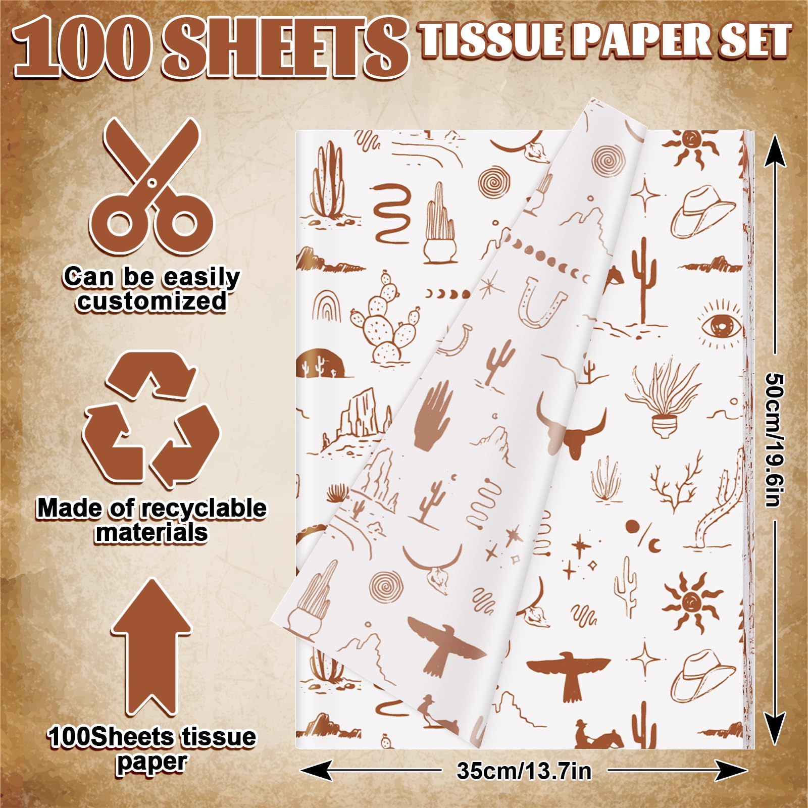 JarThenaAMCS 100 Sheets Western Cowboy Tissue Paper Wild West Rodeo Gift Wrapping Paper Brown DIY Art Craft Tissue for Birthday Holiday Cowgirl Party Decor Supplies, 13.7 x 19.6 Inch