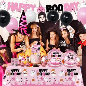 Halloween Pink Birthday Decoration Tableware, Happy Boo Day Halloween Dinnerware with Cute Ghost Plates and Napkins for Halloween Baby Shower Party Supplies,Serve 20