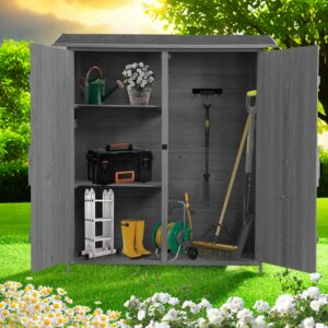 sumkea 56" outdoor wood storage cabinet, fir storage shed, outdoor storage shed with metal latch, removable shelves and asphalt roof, suitable for backyard, lawn, garden, grey