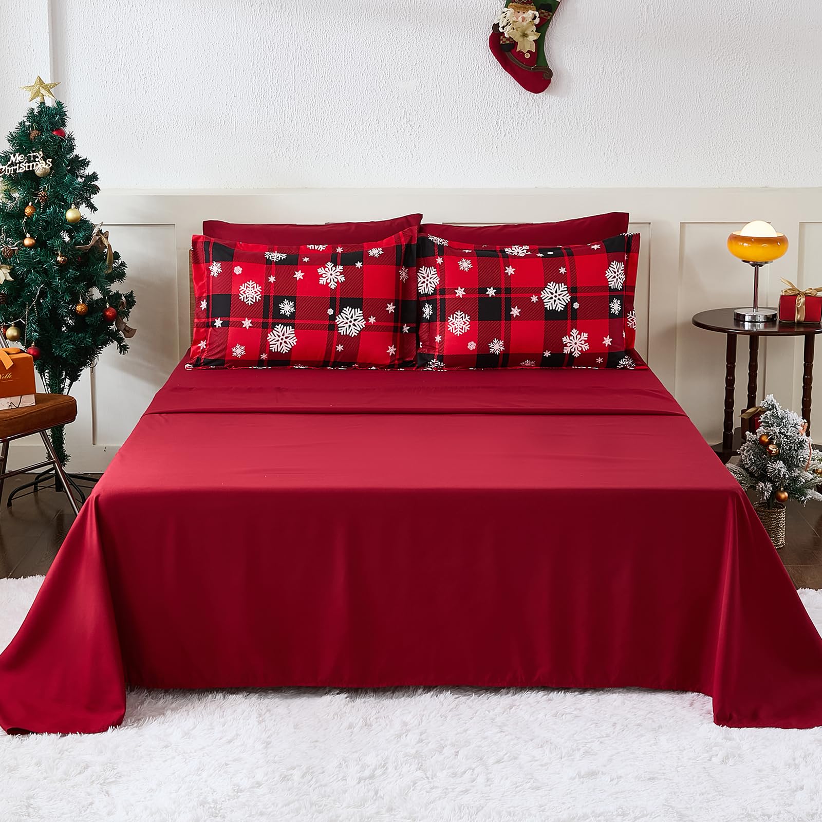 Christmas Comforter Set Queen Size 7 Piece Red plaid Snowflake Bedding Set Bed in a Bag Revesible Lightweight Microfiber Winter Down Alternative Bed Set with Pillowcases & Shams,Sheets for Girls Boys