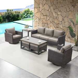 hummuh 7 piece patio furniture set pe wicker outdoor couch,patio swivel rocker chairs and ottomans tables for porch,garden,backyard