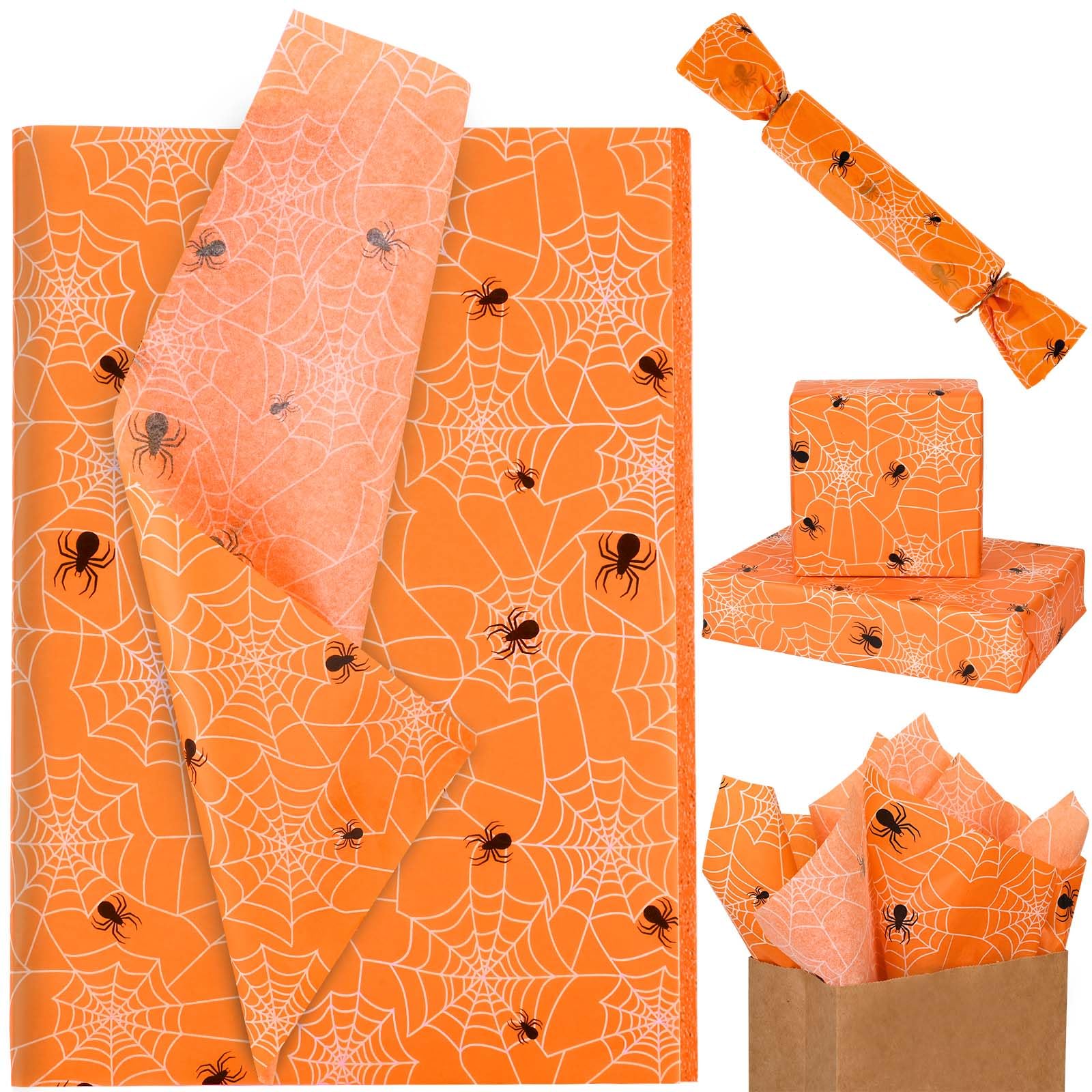 Bolsome 100 Sheets Halloween Tissue Paper for Gift Wrapping Orange Black Spider Web Printed Tissue Paper for Gift Bags Spooky Design Decorative Tissue for Halloween Party DIY Craft