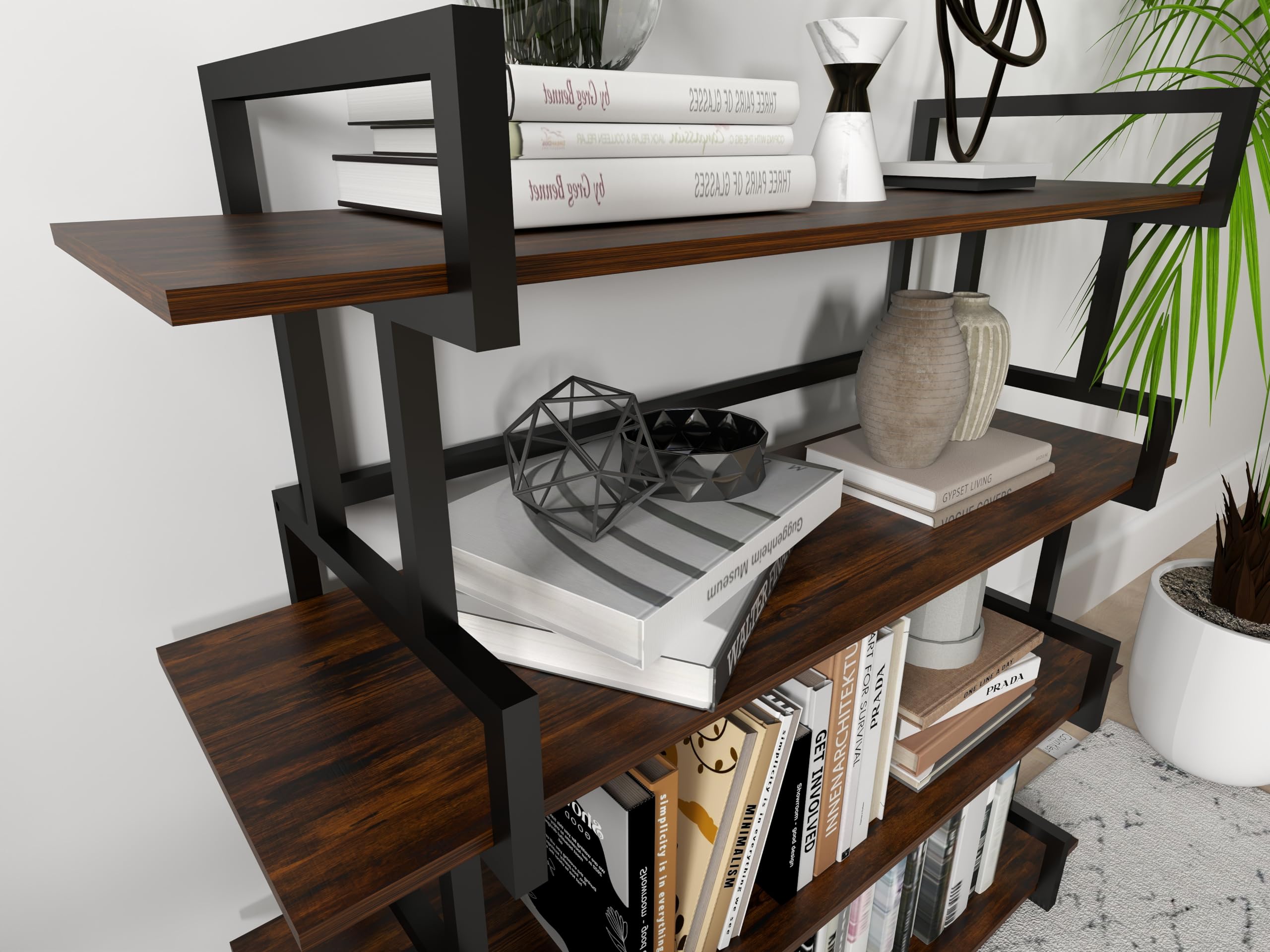 JOIN IRON 4-Tier Modern Industrial Ladder Bookshelf, Rustic Wood and Metal Shelving Unit with Ample Storage, Sturdy Display Rack for Home, Office, and Living Room Decor