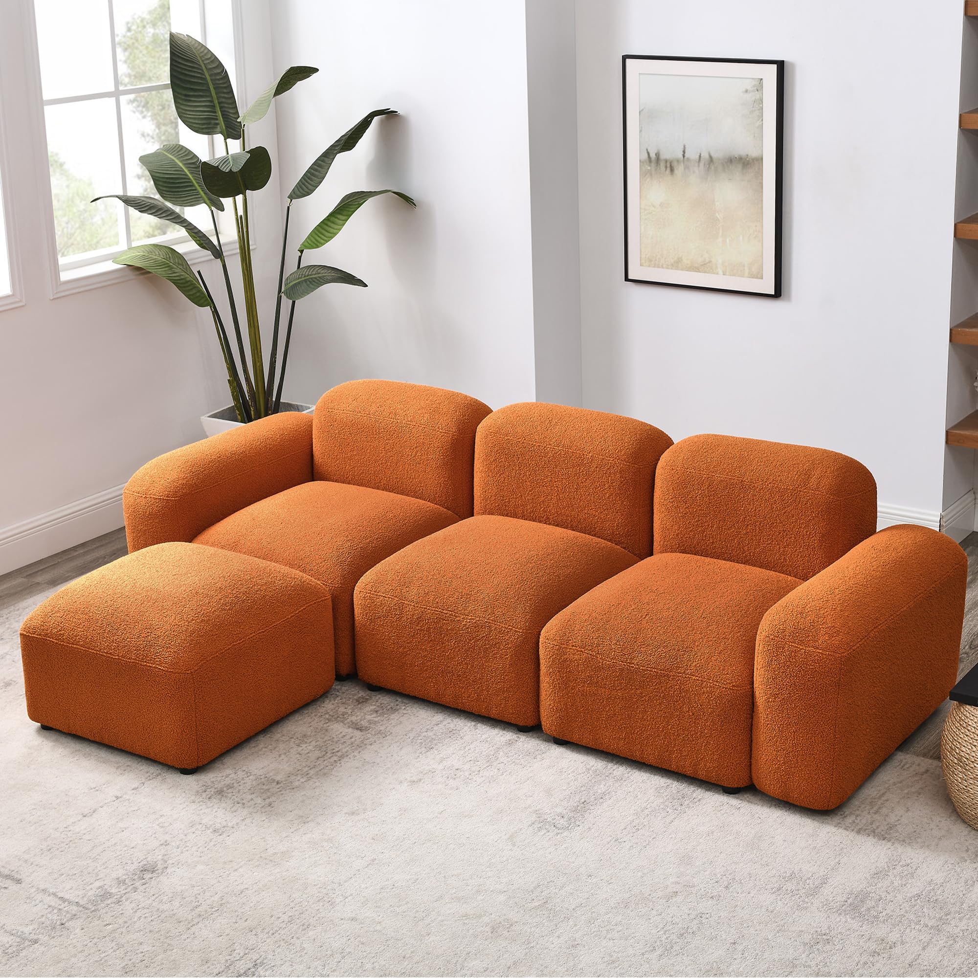 VEPXXP 94” Modular Sectional Sofa with Ottoman Modern Teddy Fleece 3 Seater Cloud Couch L Shaped Sofa Couch for Living Room, Office, Apartment, Orange