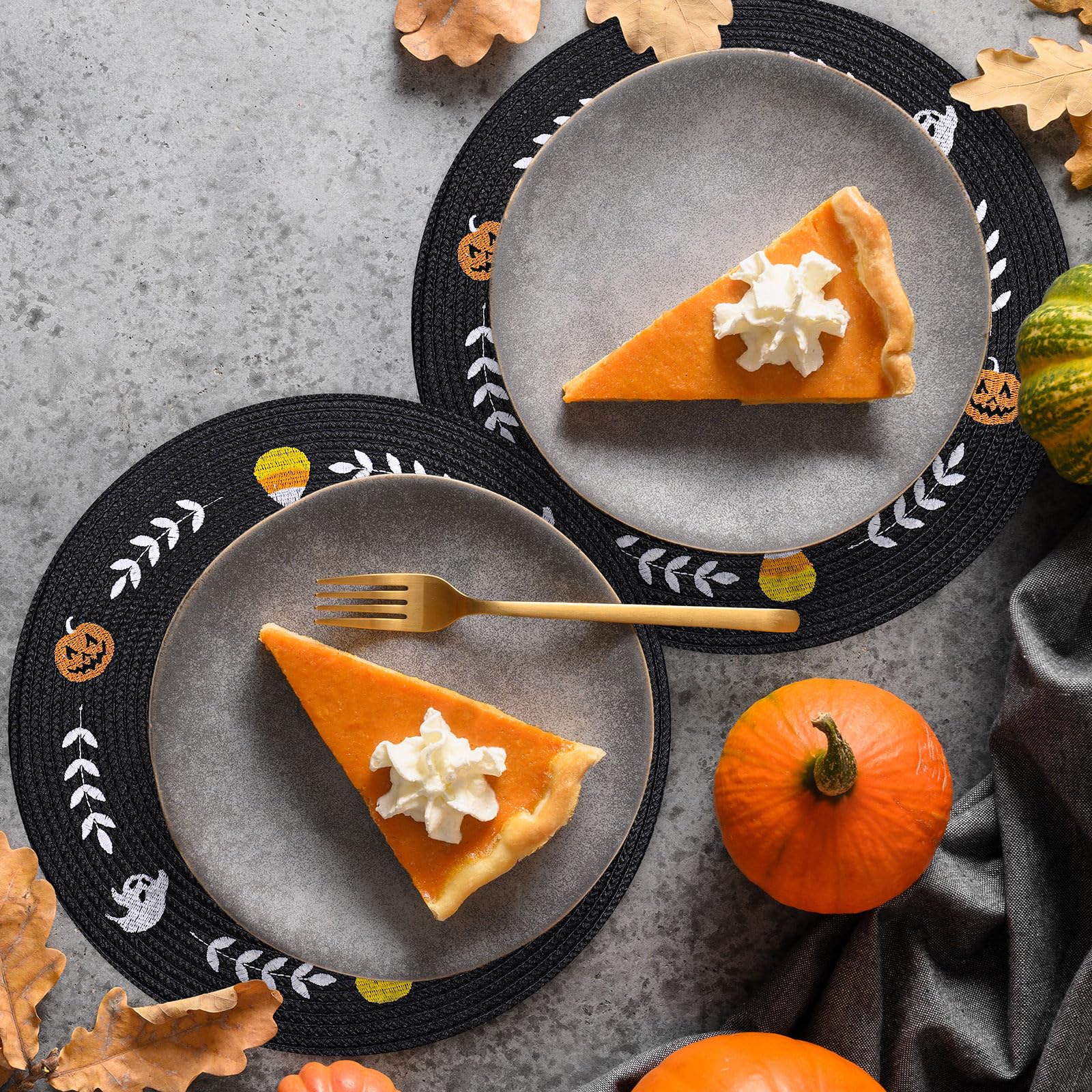 Whaline 4Pcs Round Halloween Placemats Embroidered Ghost Pumpkin Candy Corn Place Mats Black Spooky Dinner Table Mats for Halloween Party Decor