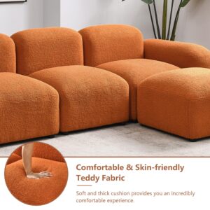 VEPXXP 94” Modular Sectional Sofa with Ottoman Modern Teddy Fleece 3 Seater Cloud Couch L Shaped Sofa Couch for Living Room, Office, Apartment, Orange