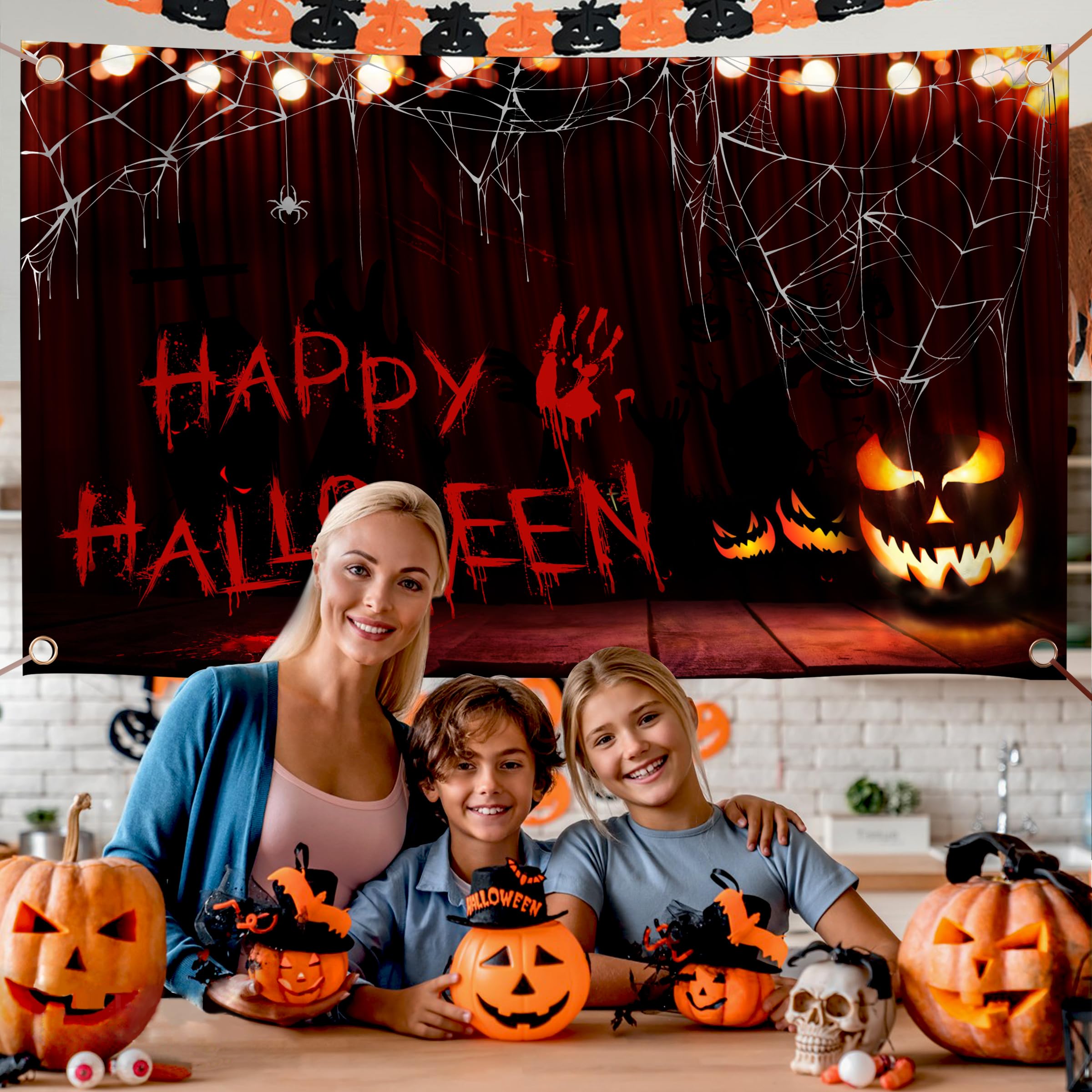 KJQJLY Happy Halloween Banner Large 72x44 Inch Pumpkin Happy Halloween Backdrop for Halloween Party Decorations Photo Booth Background Scary Halloween Backdrops for Photography