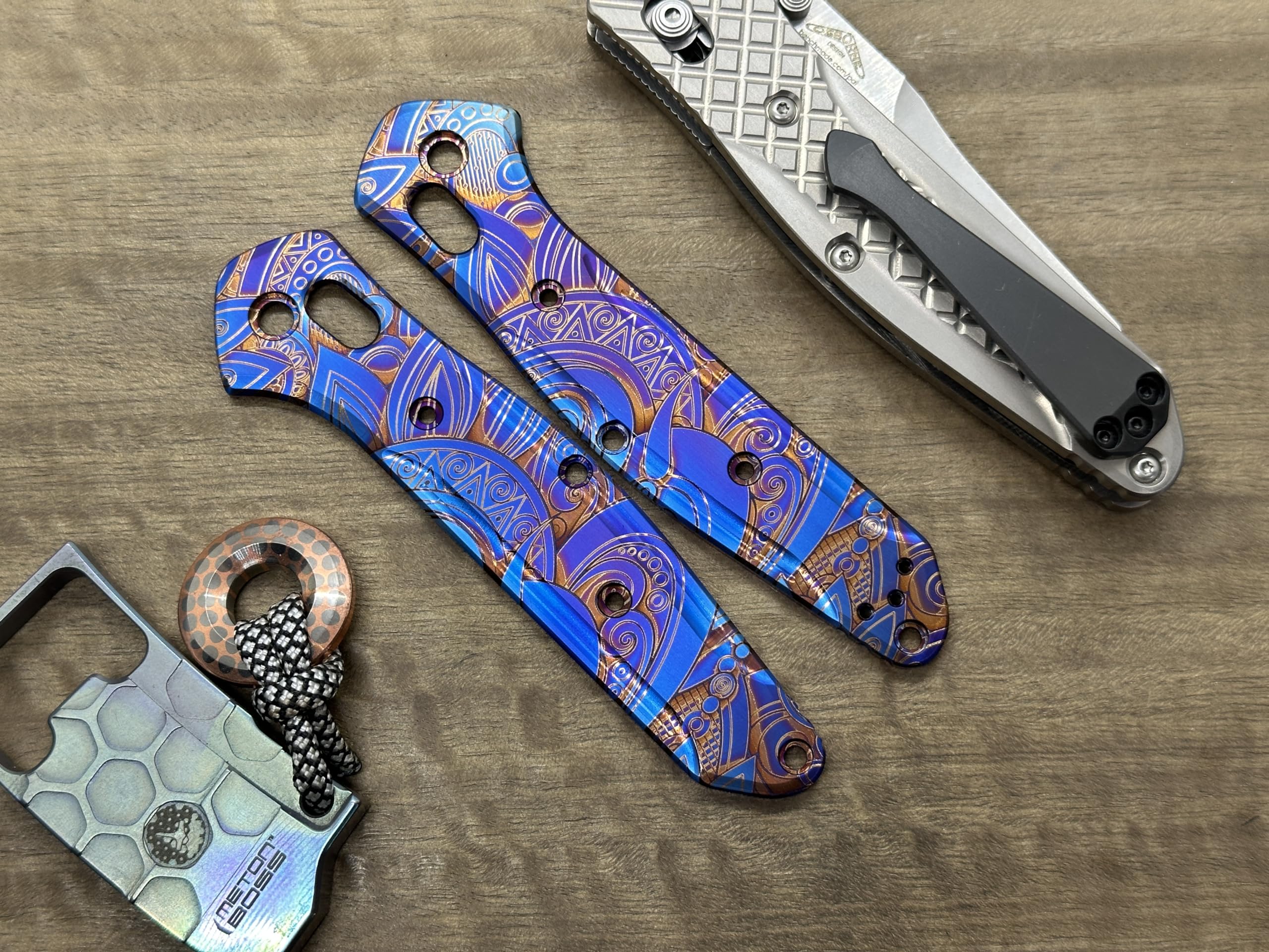 Flamed SUNRISE heat ano engraved Titanium Scales for Benchmade 940 Osborne