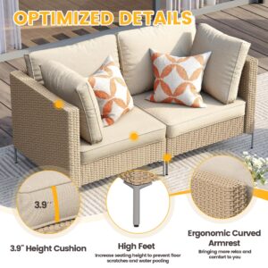 VICLLAX 7 Pieces Patio Conversation Set, Cushioned Outdoor Furniture Set of 7, Wicker Outdoor Sectional Sofa Set with Glass-top Table for Lawn, Backyard, Garden, Oak Rattan