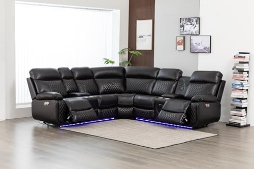 Kingway Inc Rexon Power Recliner Sectional Living Room Sofa Set with speaker,LED and USB port, Brown