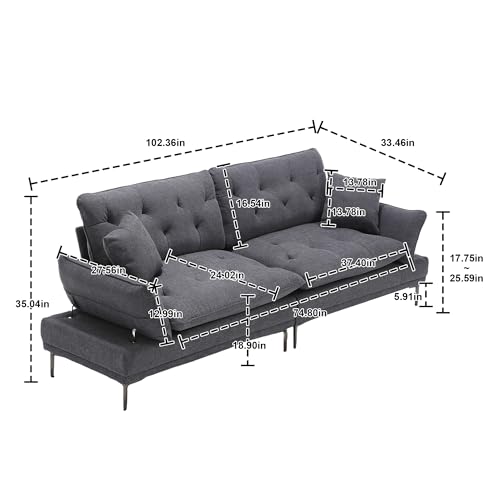 Overstuffed Tufted Upholstered Couch Cloud Futon Sofa Bed,Modern Adjustable Armrests 3 Seaters Loveseat Sofa&Couch Convertible Sleeper Sofabed for Home Office Apartment Living Room