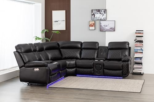 Kingway Inc Rexon Power Recliner Sectional Living Room Sofa Set with speaker,LED and USB port, Brown