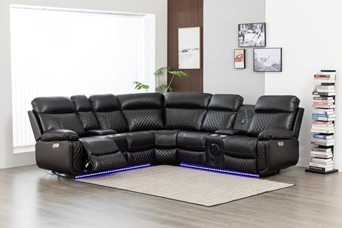 Kingway Inc Rexon Power Recliner Sectional Living Room Sofa Set with speaker,LED and USB port, Brown