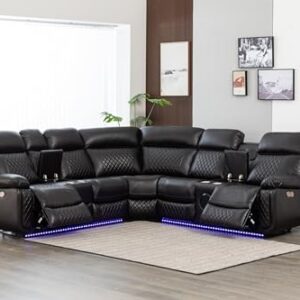 Kingway Inc Rexon Power Recliner Sectional Living Room Sofa Set with speaker,LED and USB port, Brown