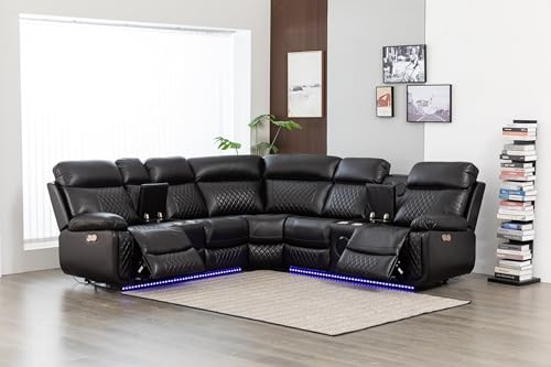 Kingway Inc Rexon Power Recliner Sectional Living Room Sofa Set with speaker,LED and USB port, Brown