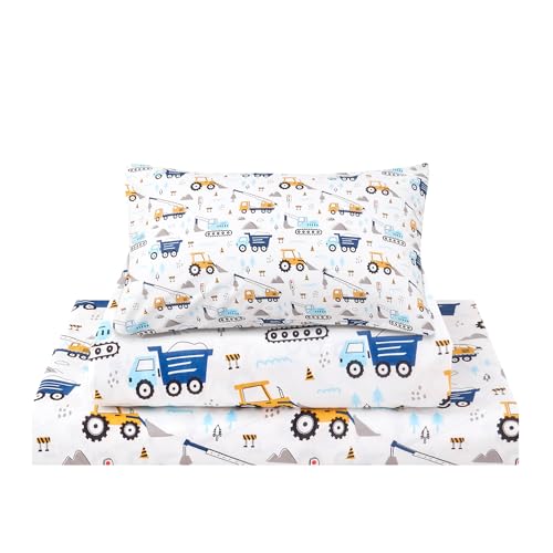 lasoftan Kids Sheet Set Twin Size 3 Pcs, Boys Twin Sheet Set with Blue Excavator Car Pattern，Kids Boys Twin Fitted Sheet ，Breathable & Silky Soft Microfiber Kids Fitted Sheet