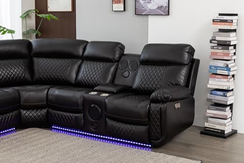 Kingway Inc Rexon Power Recliner Sectional Living Room Sofa Set with speaker,LED and USB port, Brown