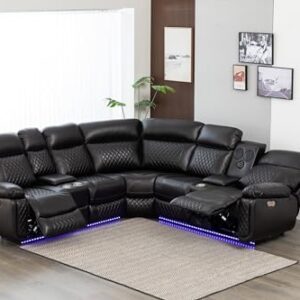 Kingway Inc Rexon Power Recliner Sectional Living Room Sofa Set with speaker,LED and USB port, Brown