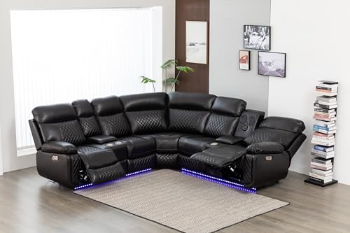 Kingway Inc Rexon Power Recliner Sectional Living Room Sofa Set with speaker,LED and USB port, Brown