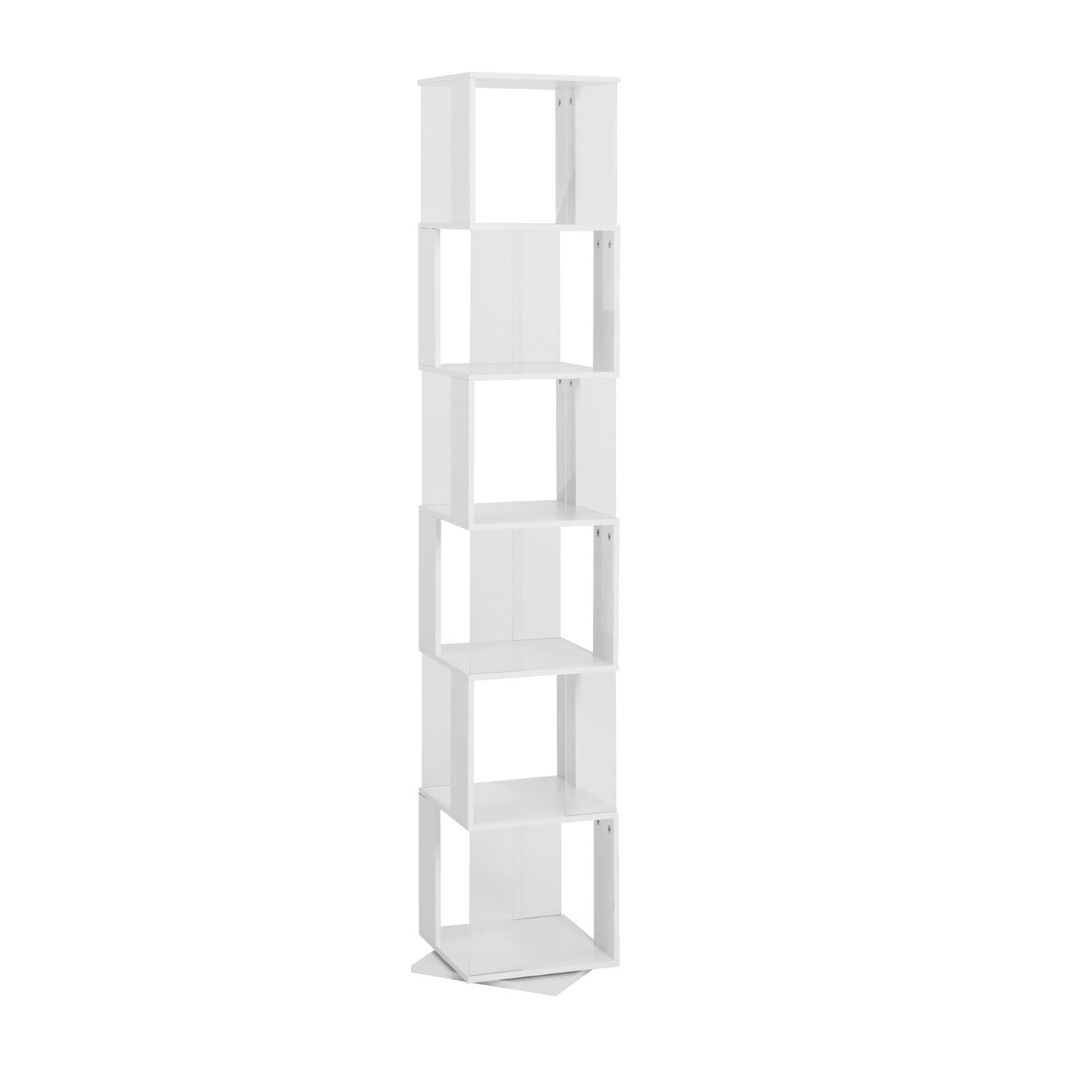 FRITHJILL 360° Rotating Bookshelf, 6-Tier Modern Display Shelf with Acrylic Plates, White Corner Storage Rack for Home Office - Space-Saving Organizer for Books, Plants, Decor