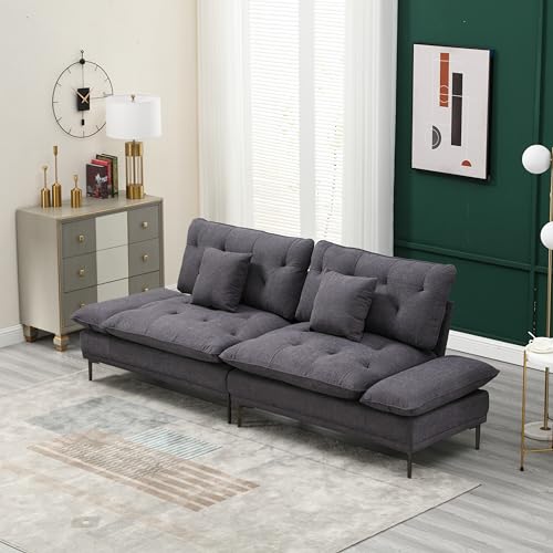 Overstuffed Tufted Upholstered Couch Cloud Futon Sofa Bed,Modern Adjustable Armrests 3 Seaters Loveseat Sofa&Couch Convertible Sleeper Sofabed for Home Office Apartment Living Room