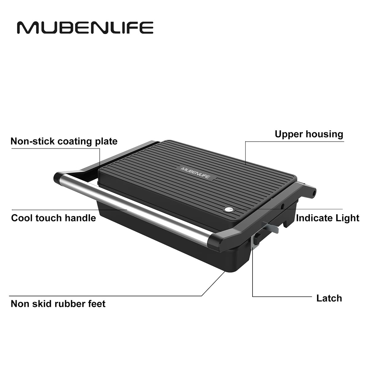 MUBENLIFE,Panini Press,Sandwich Press,Pnini Grill,Electric Indoor Grill,Perfect for Grilling Sandwich,Steak,Burger,Panini,Sausage,Non-Stick, Auto Temperature, 2 Slice, Mini Size