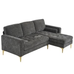 fancuf modular 3-seater sofa with footstool chenille rhombus electroplated golden tripod legs, drak gray, for living room