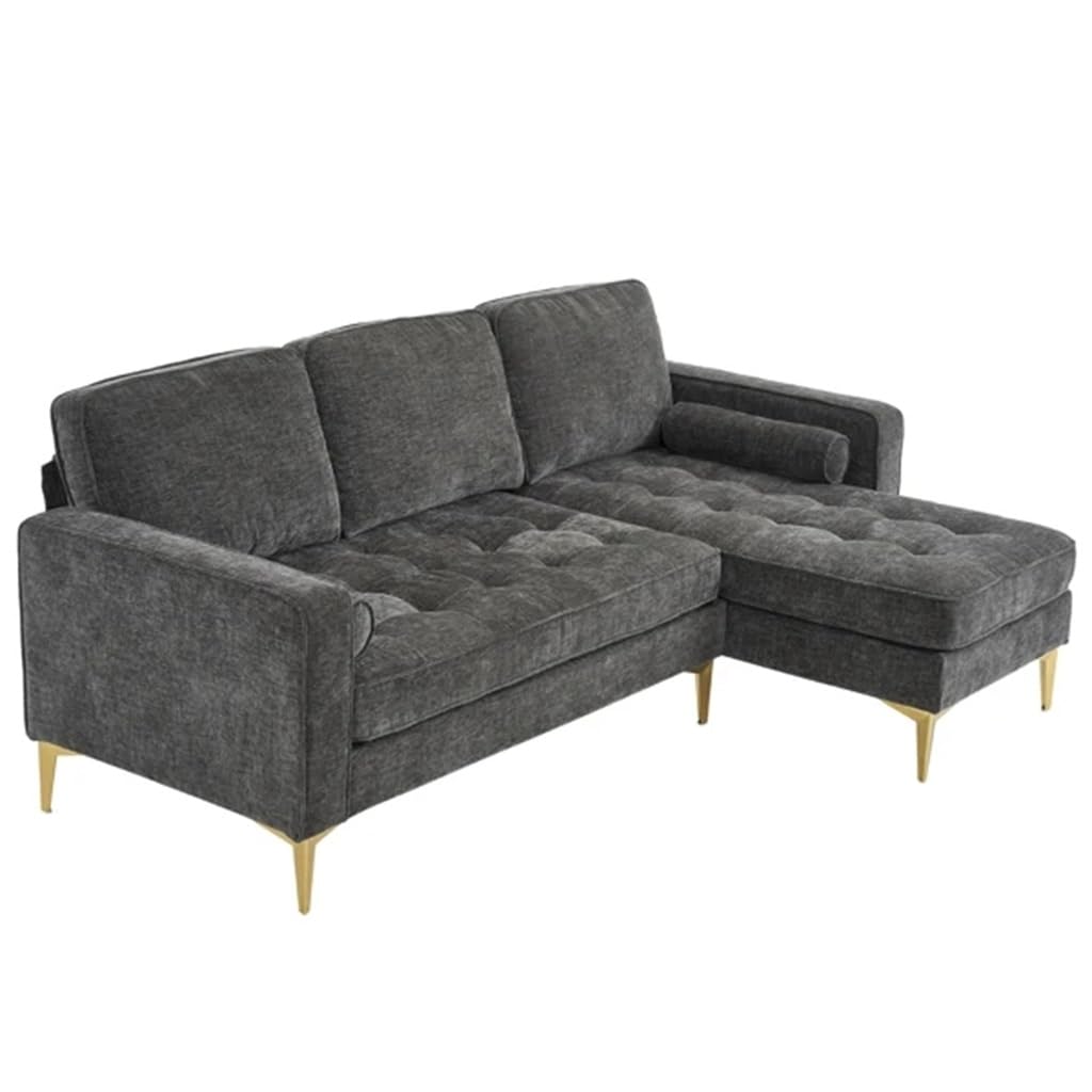 FANCUF Modular 3-Seater Sofa with Footstool Chenille Rhombus Electroplated Golden Tripod Legs, Drak Gray, for Living Room