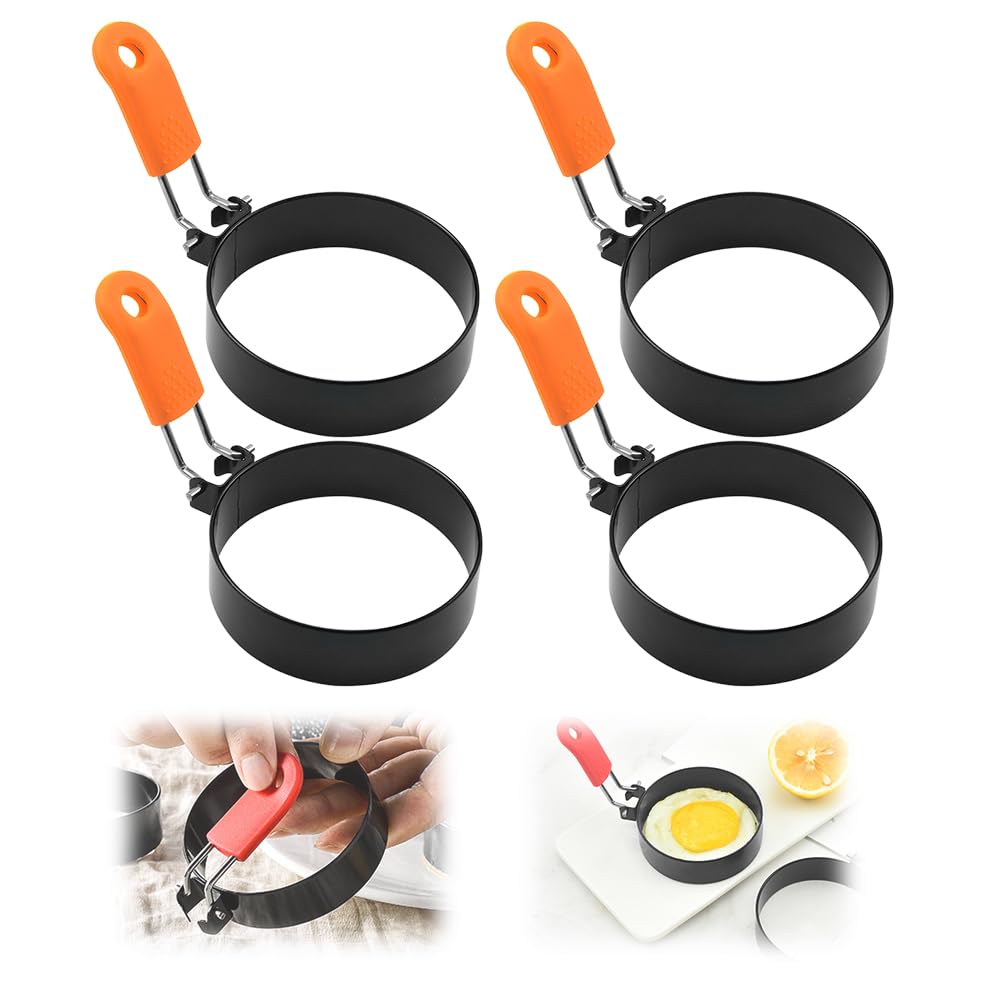 Egg Rings for Frying, 2024 New Stainless Steel Fried Egg Molds Round Egg Cooker Ring, Pancake Mold Griddle Frying Egg with Silicone Handle Non-Stick Egg Patty Maker for Breakfast (Orange, 4PCS)