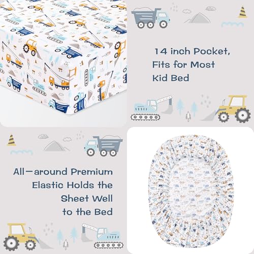 lasoftan Kids Sheet Set Twin Size 3 Pcs, Boys Twin Sheet Set with Blue Excavator Car Pattern，Kids Boys Twin Fitted Sheet ，Breathable & Silky Soft Microfiber Kids Fitted Sheet