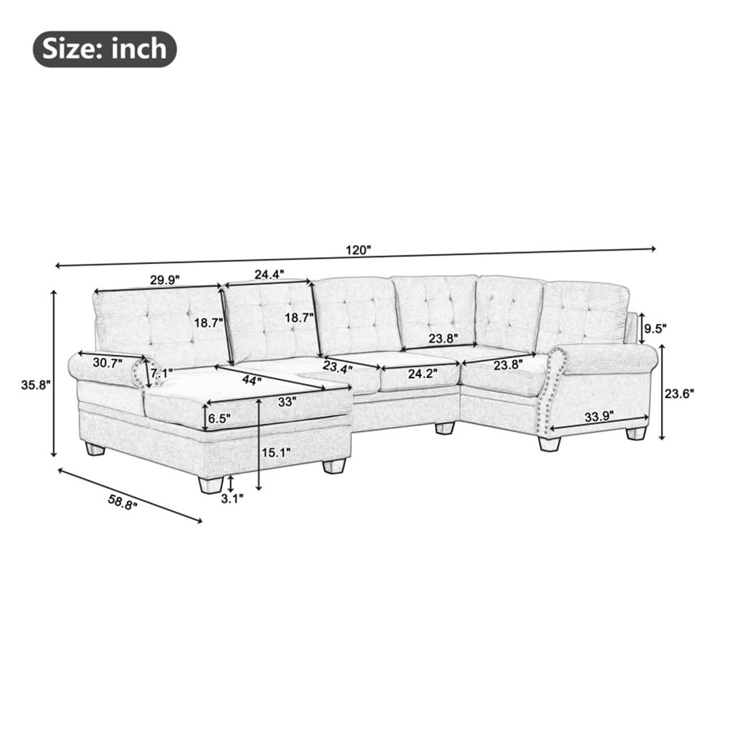 FANCUF 120" U-Shaped Corner Sectional Sofa Upholstered Linen Fabric Sofa Couch