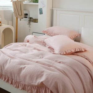 The Bed Linen, Linen Duvet Cover in Blush Pink, Ruffle Linen Comforter Cover, Queen King Linen Bedding Set Ruffled Bedding Set Washed Linen Fabric Duvet Cover Set Uo Bedding (Full 80X90)