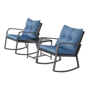 hlnptn 3 pieces patio rocking chairs outdoor bistro set, wicker outdoor rocker chair of 2, porch sofa seat patio furniture conversation sets with tempered glass top coffee table & cushions, dark blue