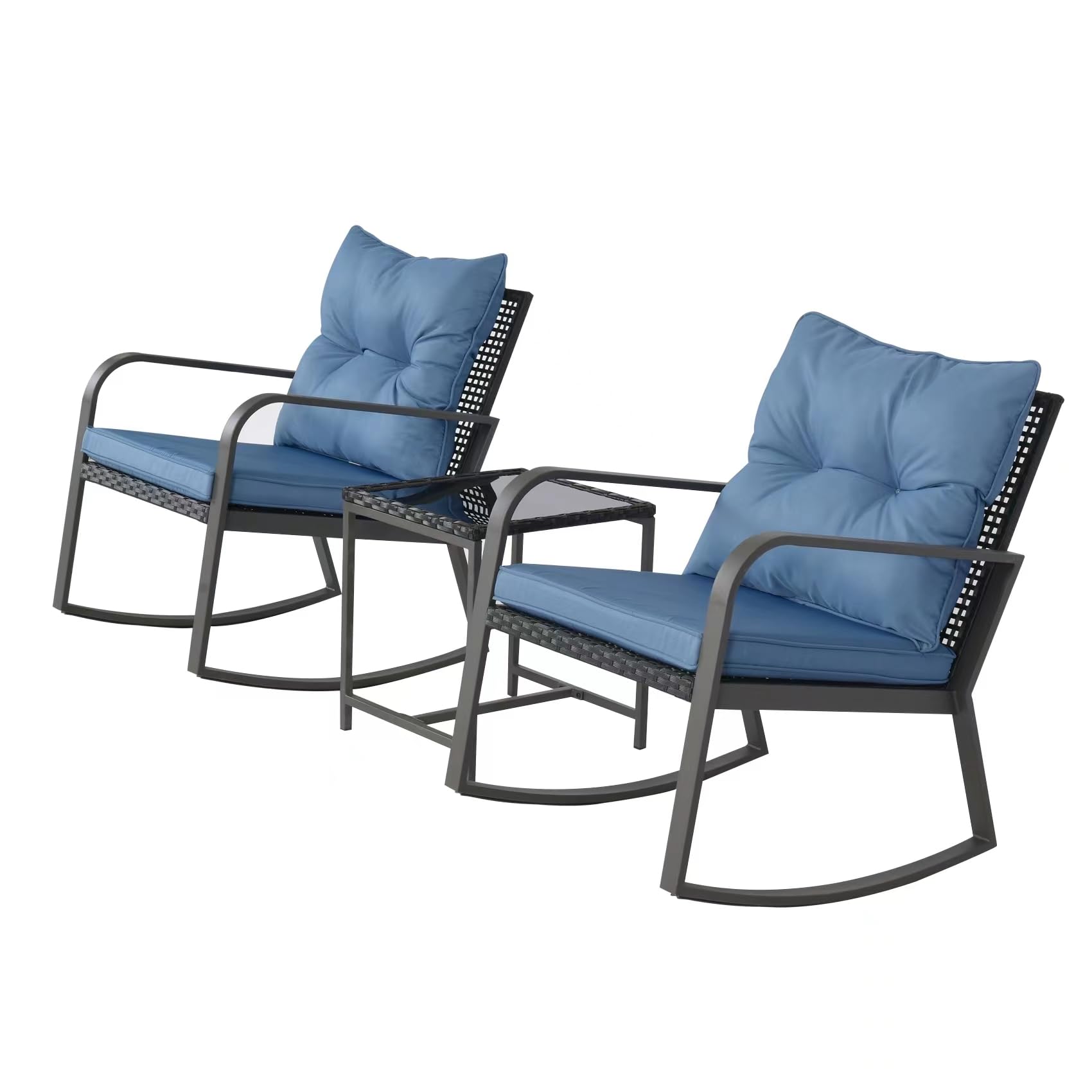 HLNPTN 3 Pieces Patio Rocking Chairs Outdoor Bistro Set, Wicker Outdoor Rocker Chair of 2, Porch Sofa Seat Patio Furniture Conversation Sets with Tempered Glass Top Coffee Table & Cushions, Dark Blue