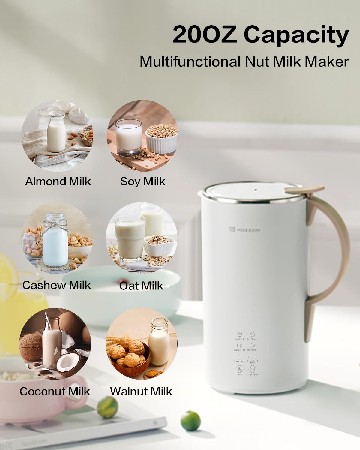 MOKKOM Nut Milk Maker, Automatic Almond Milk Machine for Homemade Plant-Based Milk, Oats, Soy, Dairy Free Beverages, 20 oz Soy Milk Maker with Delay Start/Keep Warm/Self-Clean/Boiling, Pearl White